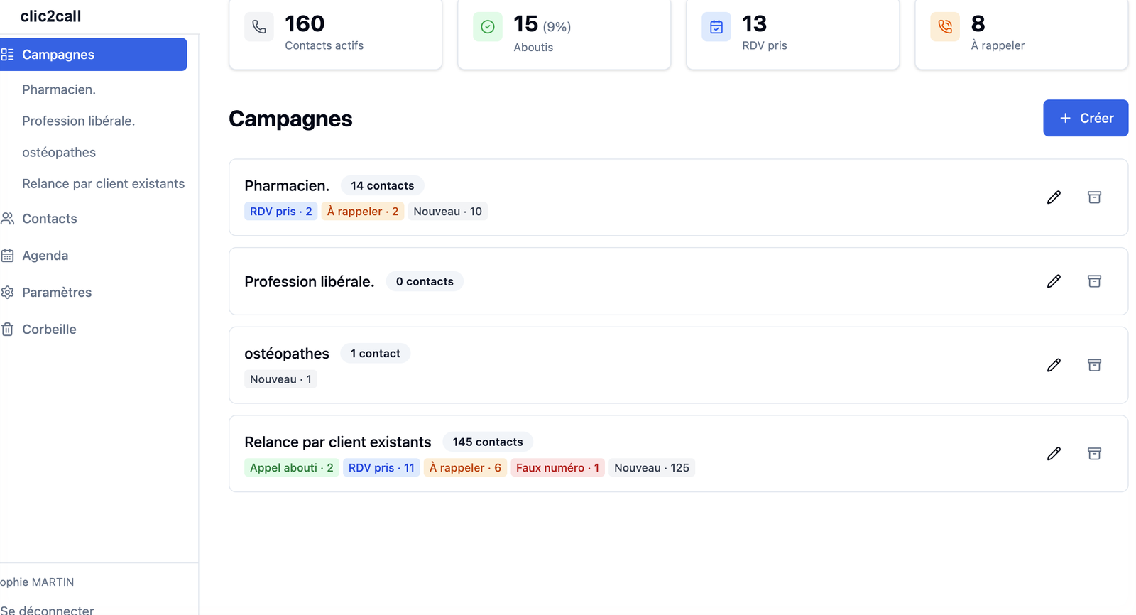 Écran des campagnes : compteurs de contacts actifs, d'appels aboutis, de rendez-vous pris et de contacts à rappeler, puis la liste des campagnes en cours.