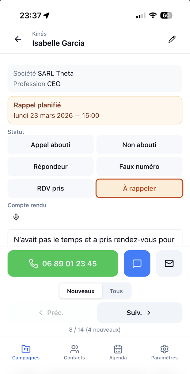 Fiche contact sur téléphone : statut de l'appel, compte rendu dicté, rappel planifié et bouton d'appel direct.